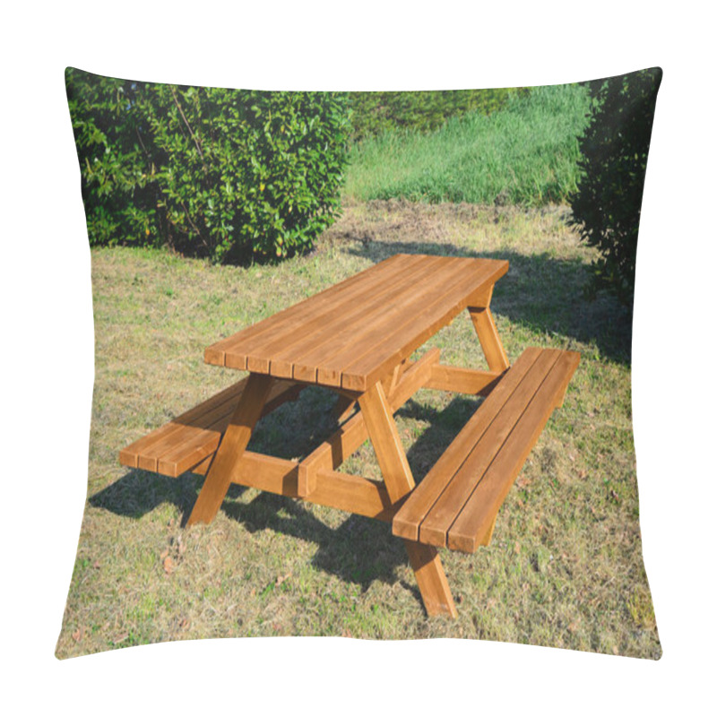 Personality  Empty Wooden Picnic Table With Benches In Park On Sunny Day Pillow Covers