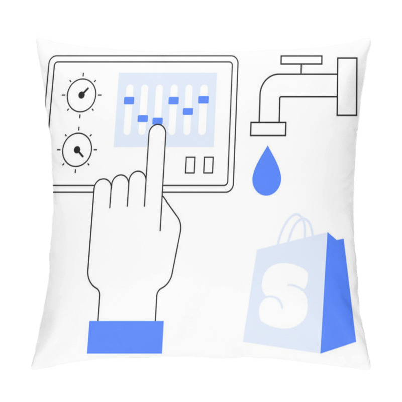 Personality  A Hand Interacts With A Control Panel Featuring Dials And Sliders. Nearby Are A Faucet With A Blue Water Drop And A Shopping Bag. Ideal For Smart Home Tech, Water Conservation, Digital Interfaces Pillow Covers