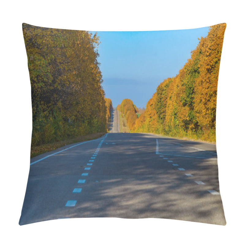 Personality  The Picturesque View Of The Long Winding Road, Surrounded By Bright Bright Trees, Shows The Beauty Of Autumn. Pillow Covers