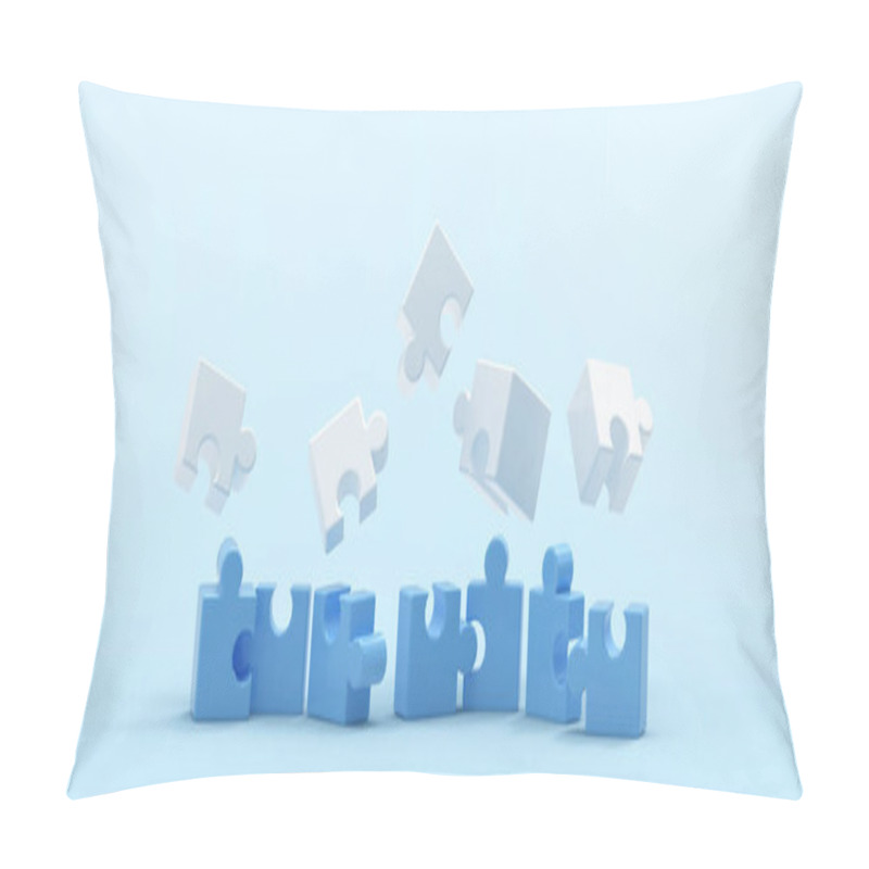 Personality  Creative Idea. Business Concept And Close Up Jigsaw For Success On Blue. Minimal Style, Copy Space, Digital, Banner, Website -3d Rendering Pillow Covers