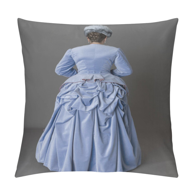 Personality  A Victorian Woman Wearing A Pale Blue Velvet Bustle Ensemble With A Fur Hat And Muff Pillow Covers