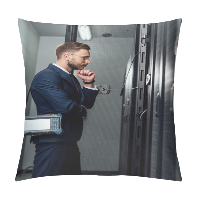 Personality  Side View Of Pensive Businessman Standing With Reflectometer In Server Room  Pillow Covers