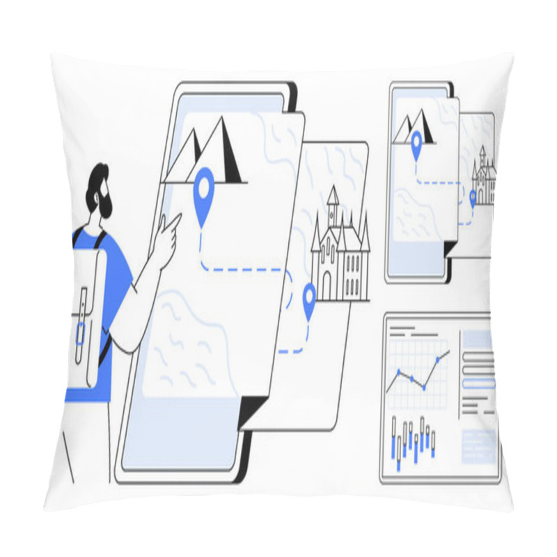 Personality  Man With Backpack Interacting With Digital Map, Showcasing Routes Between Mountains And Castles. Ideal For Travel Apps, Navigation Tools, Trip Planning, Tourism Promotion, Historical Exploration Pillow Covers