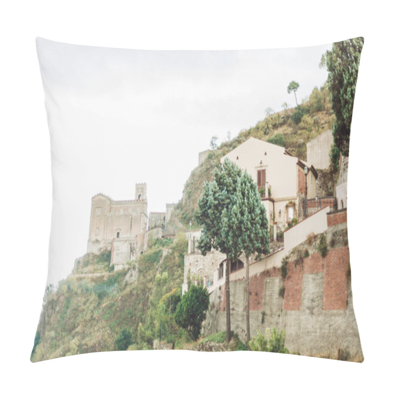 Personality  SAVOCA, ITALY - OCTOBER 3, 2019: Church Of San Nicolo On Hill Near Green Trees And Small Houses Pillow Covers