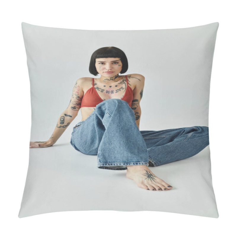 Personality  A Young Woman In Trendy Attire Poses With Confidence And Tattoos. Pillow Covers