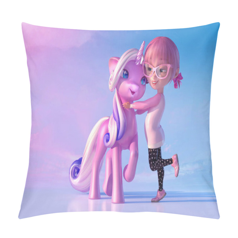 Personality  Cheerful Smiling Cute Cartoon Girl Playing And Hugging Magical Unicorn Baby. Funny Cartoon Kid Characters Of A Little Kawaii Girl And Unicorn. Fairytale And Dreaming Concept. 3D Render Pillow Covers