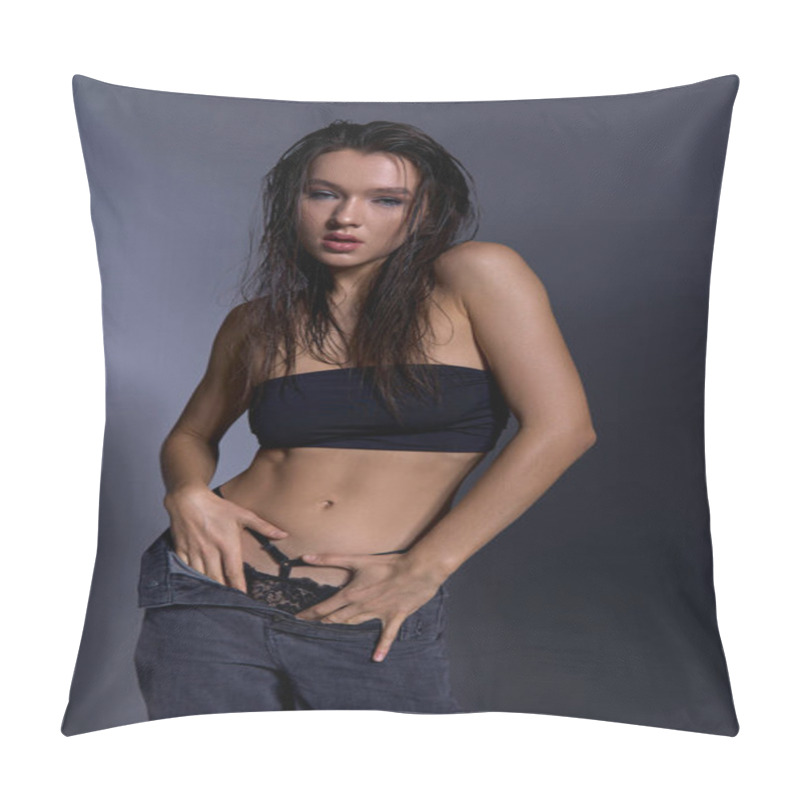 Personality  Young Woman In Wet Hair And Stylish Black Bikini Striking A Pose. Pillow Covers