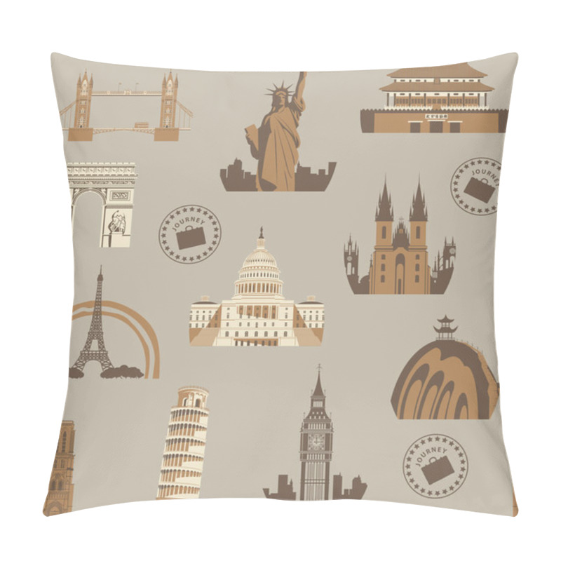 Personality  Decorative Seamless Pattern On A Travel Theme With Simple Icons Of Architectural Landmarks. Vector Background In Retro Style With Various World Sights. Suitable For Wallpaper, Wrapping Paper Or Fabric Pillow Covers