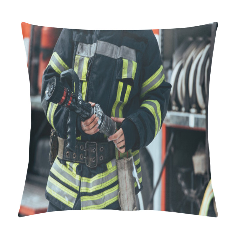 Personality  Cropped Shot Of Firefighter In Protective Uniform Holding Water Hose In Hands Pillow Covers