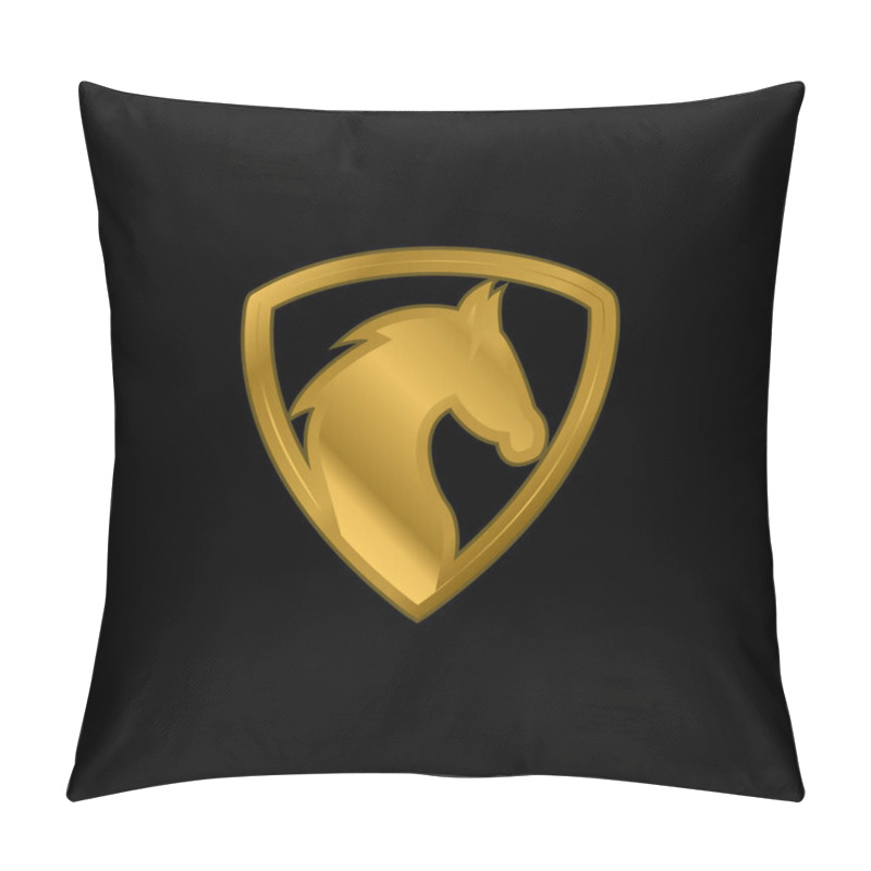 Personality  Black Horse Head In A Shield Gold Plated Metalic Icon Or Logo Vector Pillow Covers