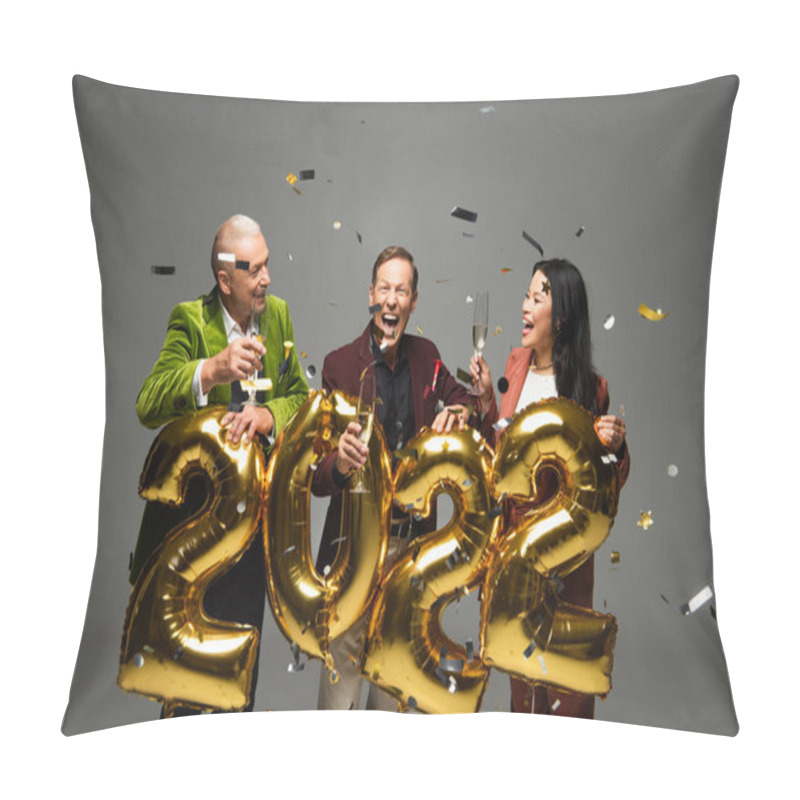 Personality  Excited Interracial Friends With Champagne Standing Near Balloons In Shape Of 2022 Numbers And Confetti On Grey Background  Pillow Covers