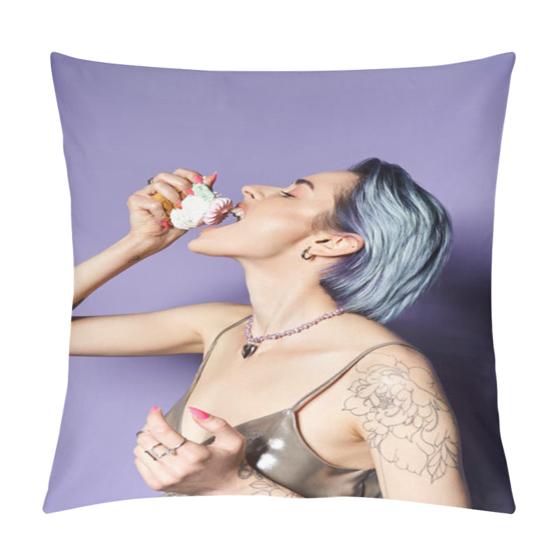 Personality  A stylish young woman with blue hair savors a delicious pastry, exuding joy and elegance in a silver party dress. pillow covers