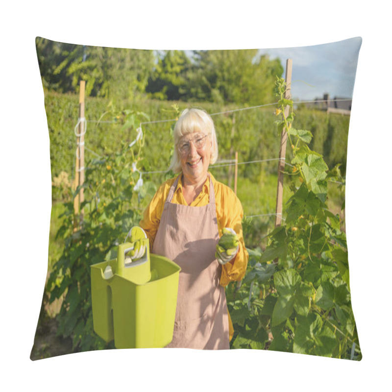 Personality  50s 60s Woman, Farmer, Worker Holding In Hands Homegrown Harvest Of Fresh Orange Cucumber. Private Garden, Orchard, Natural Economy, Hobby And Leisure Concept. High Quality Photo Pillow Covers