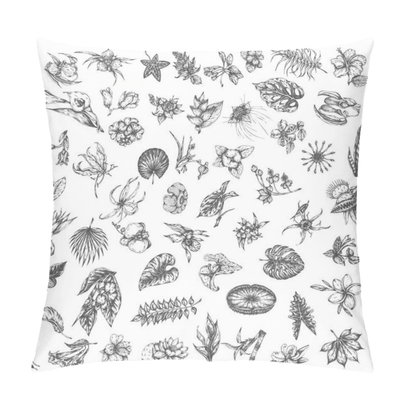 Personality  Tropical Flowers And Palm Leaves Sketch Of Tropic Hawaii Flower. Hand Drawn Floral Set Isolated. Summer Plants Pillow Covers