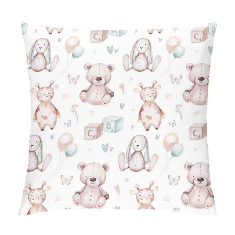 Personality  Seamlesss Pattern With Cartoon Clouds, Magic Baby Bear Bunny Toys And Rainbow. Watercolor Hand Drawn Illustration With White Background. Pillow Covers