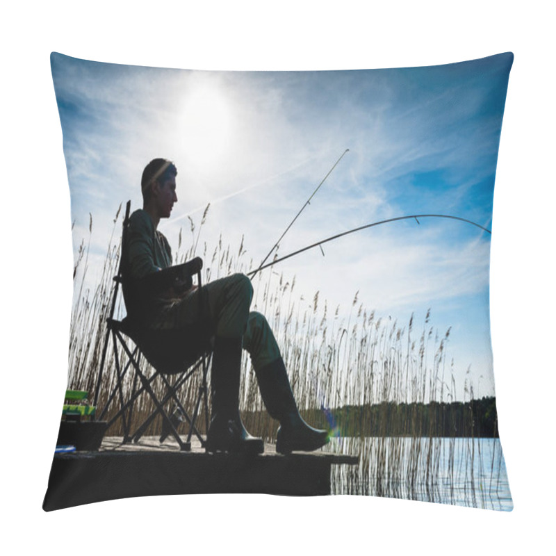 Personality  Fisherman Or Angler At Lake In Sunrise Backlit Pillow Covers