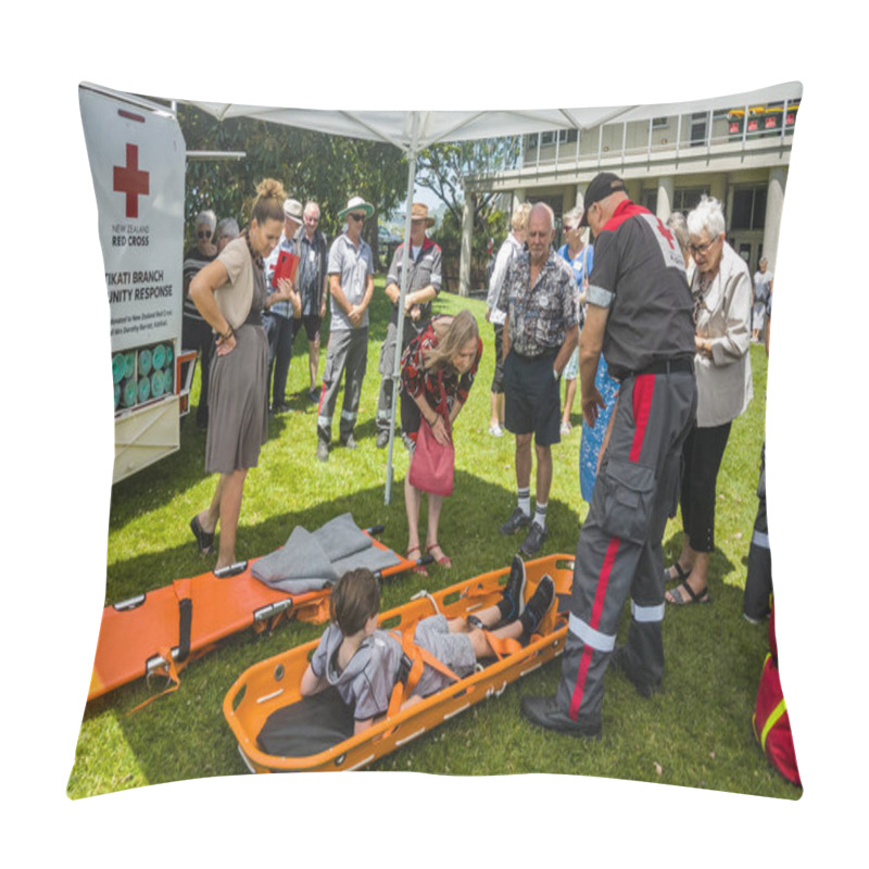 Personality  A Red Cross Emergency Response Team Demonstrating Their Equipment. The Child In The Foreground Is Lying In A Basket Stretcher. Tauranga, New Zealand, November 23 2019  Pillow Covers