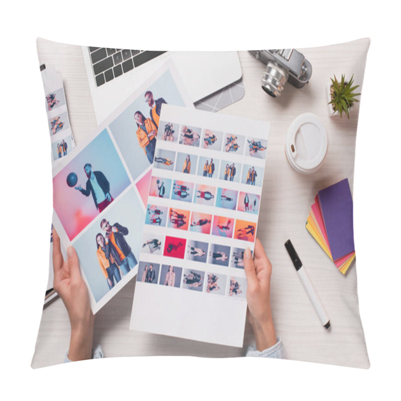 Personality  Office Desk With Cropped View Of Designer, Artwork And Laptop, Flat Lay Pillow Covers