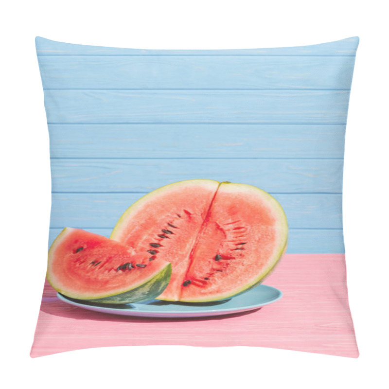 Personality  Close Up View Of Cut Juicy Watermelon On Plate On Pink Tabletop On Blue Backdrop Pillow Covers