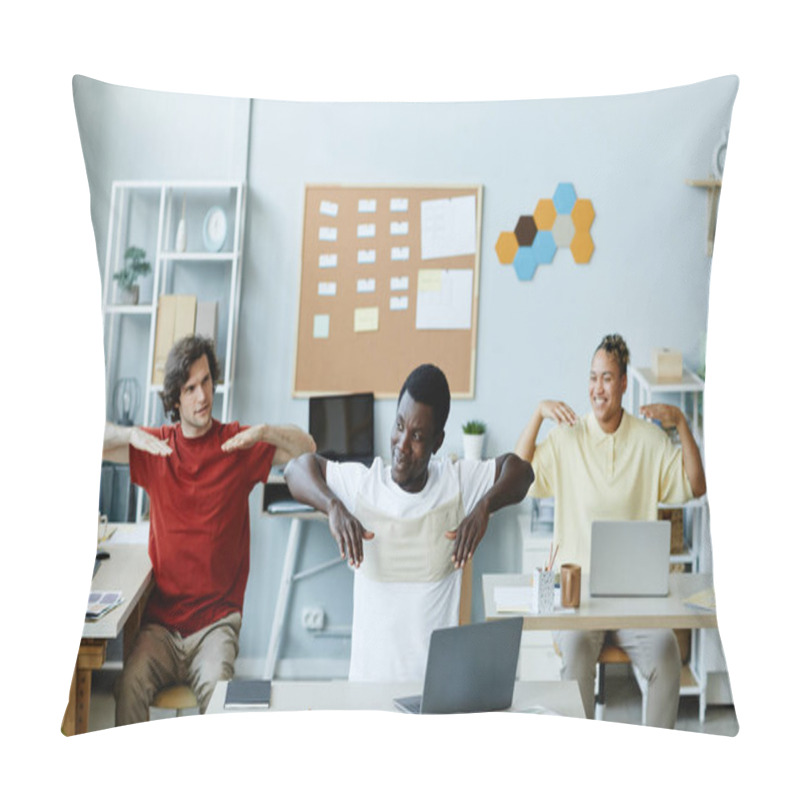 Personality  Diverse Group Of Smiling Young People Stretching Muscles As Fun Warm Up At Office Workplace Pillow Covers