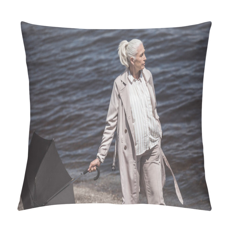 Personality  Woman Walking With Umbrella On River Shore Pillow Covers