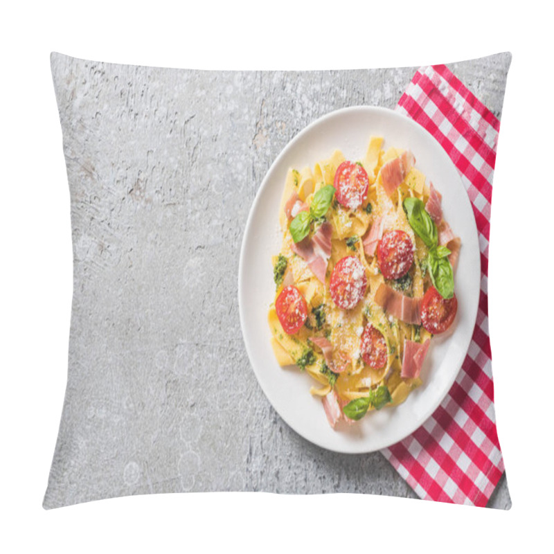 Personality  Top View Of Cooked Pappardelle With Tomatoes, Basil And Prosciutto On Plaid Napkin On Grey Surface Pillow Covers