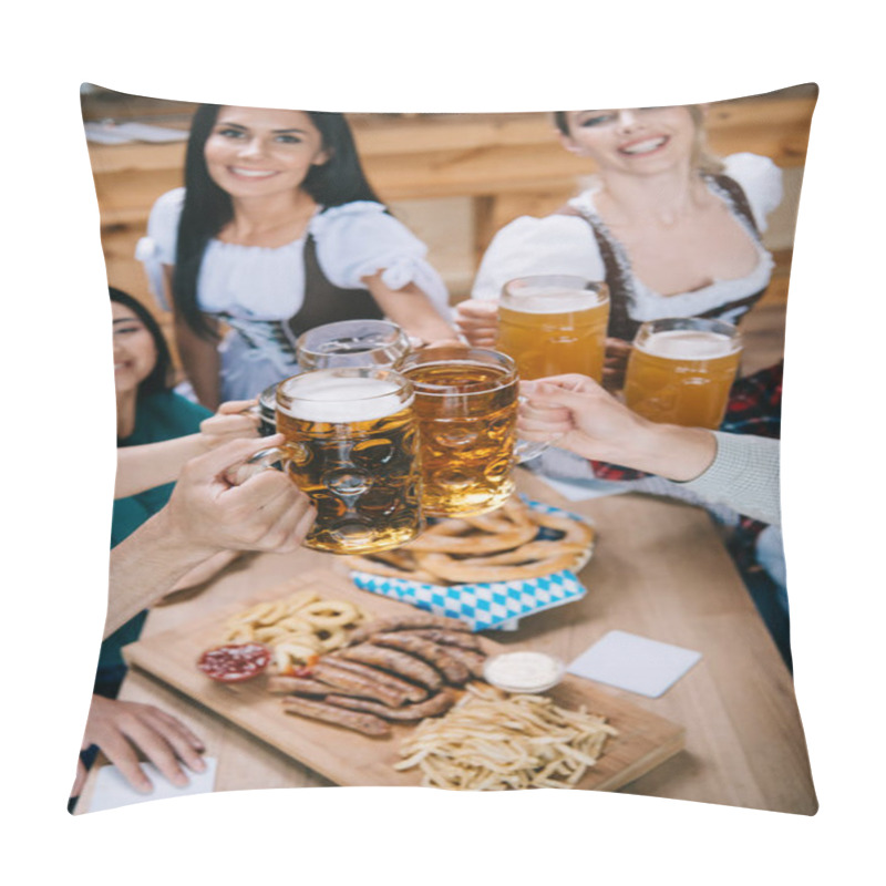 Personality  Selective Focus Of Attractive Waitresses In Traditional German Costumes Clinking Mugs Of Beer With Multicultural Friends Pillow Covers