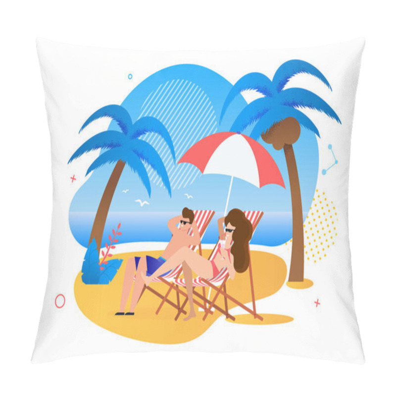 Personality  Satisfied Cartoon Couple Resting On Tropical Beach Pillow Covers