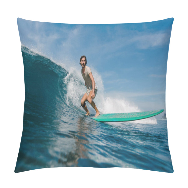 Personality  Young Man In Wet T-shirt Riding Waves On Surfboard On Sunny Day Pillow Covers