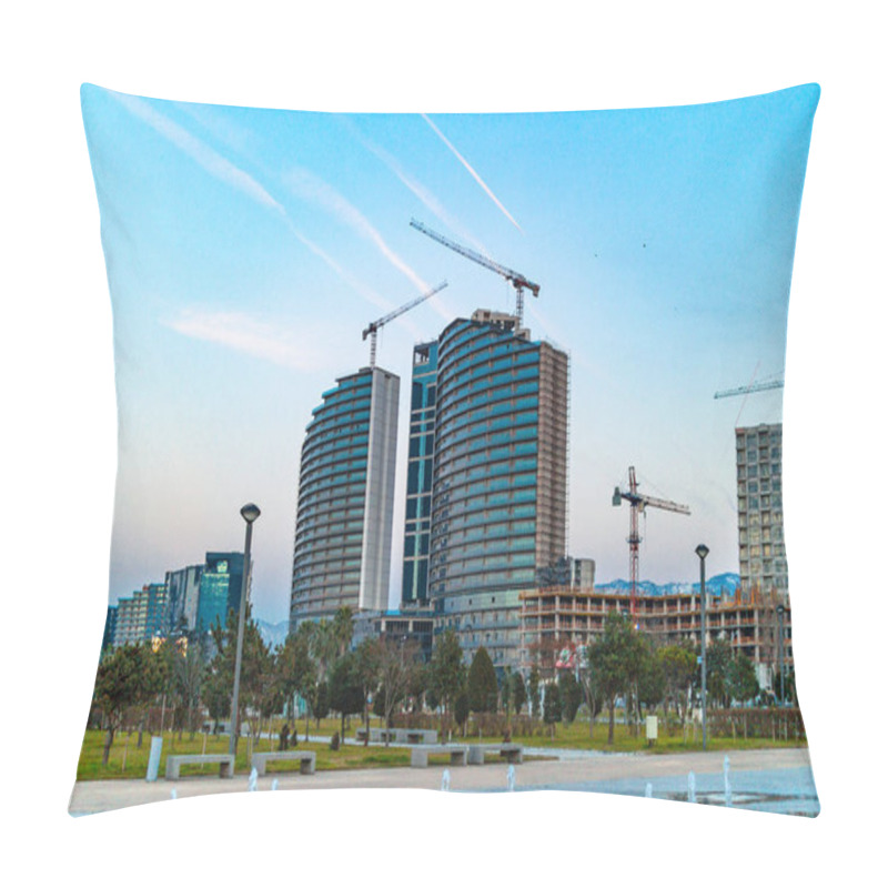 Personality  Construction Site For Building High-rise Residential Complex With Construction Cranes In The City On A Blue Sky And Mountains Background  Pillow Covers