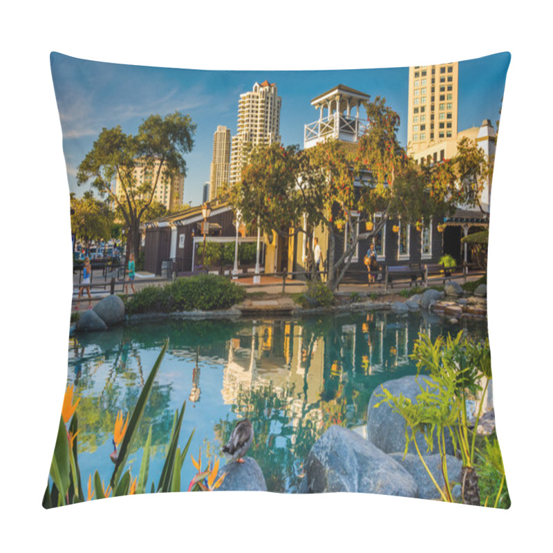 Personality  Pond And Buildings At Seaport Village, In San Diego, California. Pillow Covers