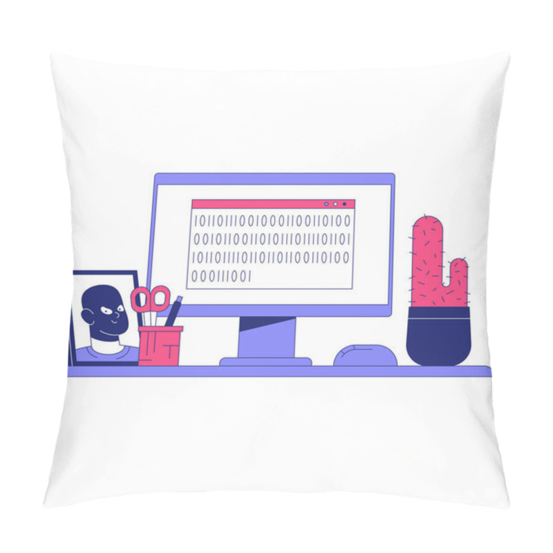 Personality  Desktop Computer Displaying Binary Code, Accompanied By A Framed Photo, Scissors, And A Cactus, Symbolizing Programming And IT Development. Pillow Covers