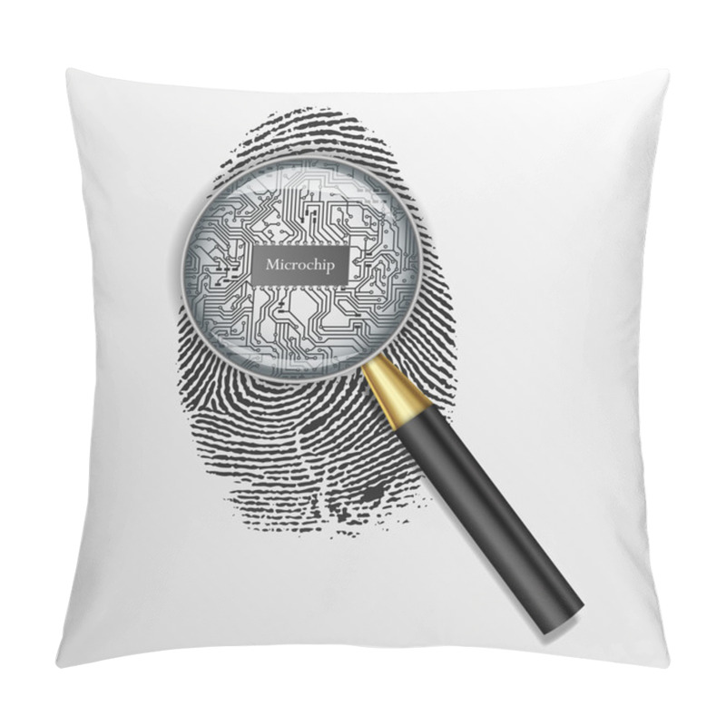 Personality  Identification Concept. Magnifying Glass Over Finger Print With Microchip Pillow Covers