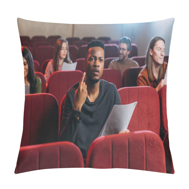 Personality  African American Actor Rehearsing And Pointing Up While Sitting On Red Chairs With Actors Pillow Covers