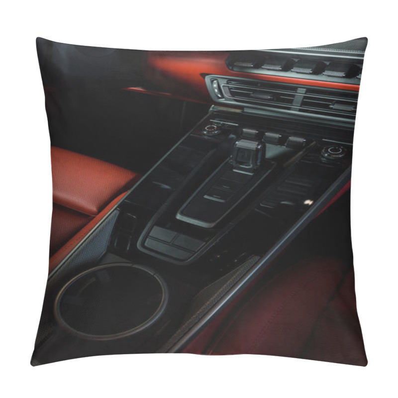 Personality  KYIV, UKRAINE - OCTOBER 7, 2019: Black Buttons Near Air Conditioner And Cup Holder In Modern Porshe  Pillow Covers