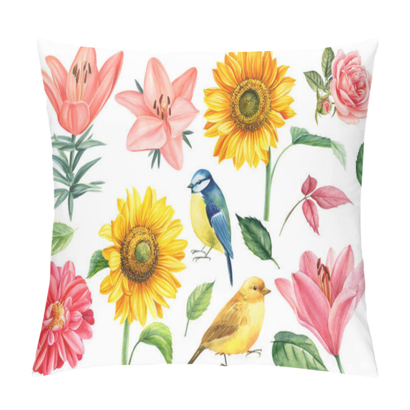 Personality  Set Of Flowers Rose, Dahlia, Sunflowers, Lily And Birds Titmouse, Canary, White Background, Watercolor Illustration Pillow Covers