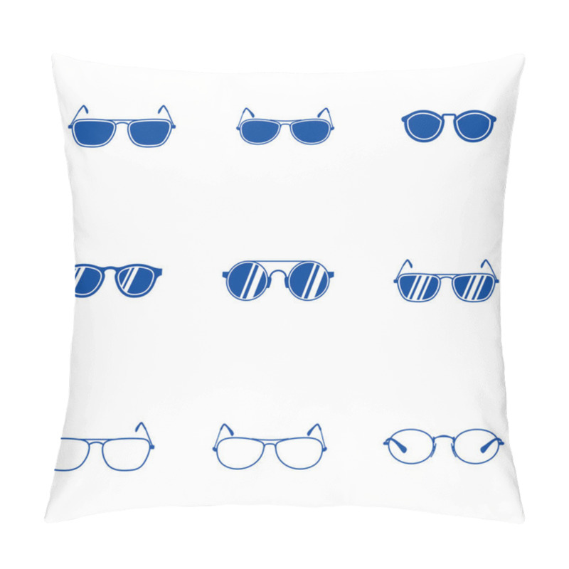 Personality  Set Of Sunglasses Icon Vector Template, Eyeglasses, Geek Glasses Different Model Shapes Vector Silhouettes Icons. Fashion Assortment Eyewear Illustration Pillow Covers