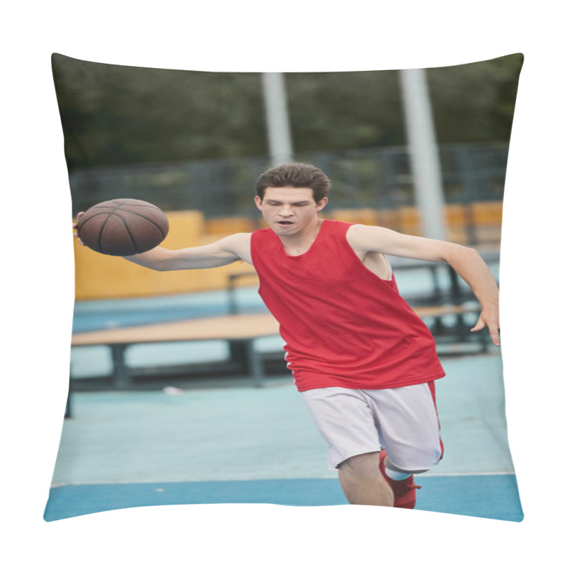 Personality  A Young Man Confidently Holds A Basketball On Top Of A Vibrant Basketball Court On A Sunny Day. Pillow Covers