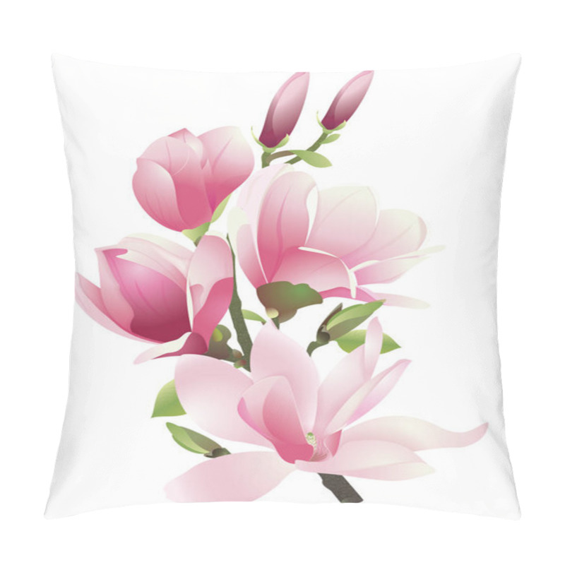 Personality  A Branch Of Magnolia With Pink Flowers And Leaves On A White Background. Spring Flowers In Vector Pillow Covers