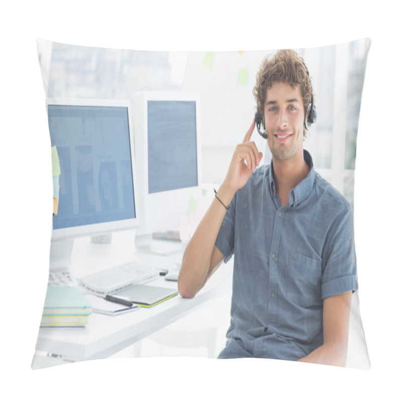 Personality  Casual Man With Headset Sitting By Computers In Office Pillow Covers