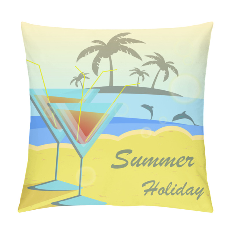 Personality  Summer Holidays Vector Illustration Set With Cocktails, Palms, Sun, Sky And Sea. Pillow Covers