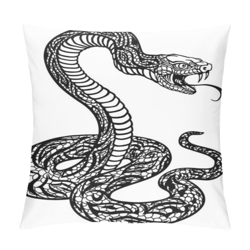 Personality  A Poisonous Snake In A Defensive Position. Attacking Posture. Black And White Tattoo Style Isolated Vector Illustration Pillow Covers