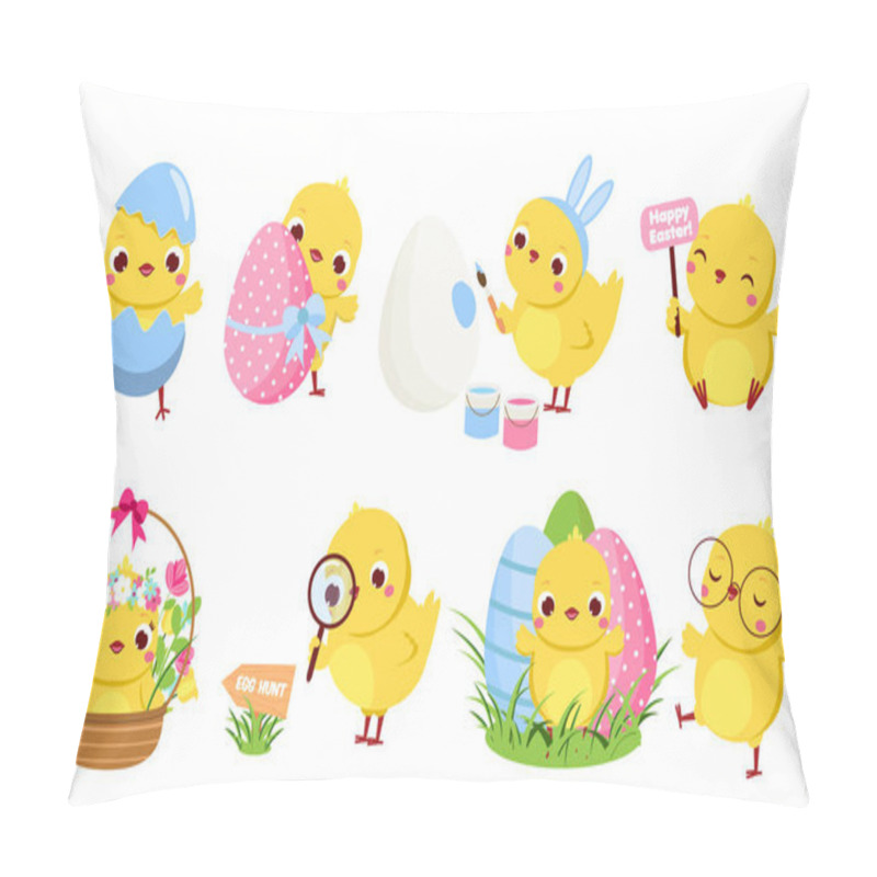 Personality  Cute Easter Chickens Set. Cartoon Chicks In Different Poses With Eggs And Flowers Having Fun. Isolated Characters Clip Art For Easter Design Pillow Covers