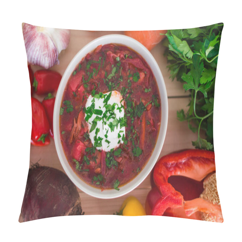 Personality  Borscht. Red Soup In Bowl With Sour Cream, Isolated On Wooden Background. Close-up. Top View Pillow Covers