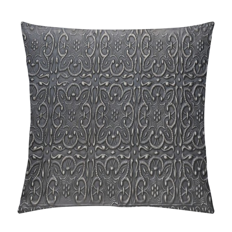 Personality  Textured Black Metal Backdrop With Ancient Oriental Floral Wavy Ornament. Background Floral Carved Silver Black, Decorative Asian Religious Chasing Art. Arabesque Pattern In Form Of Embossing On Metal Pillow Covers