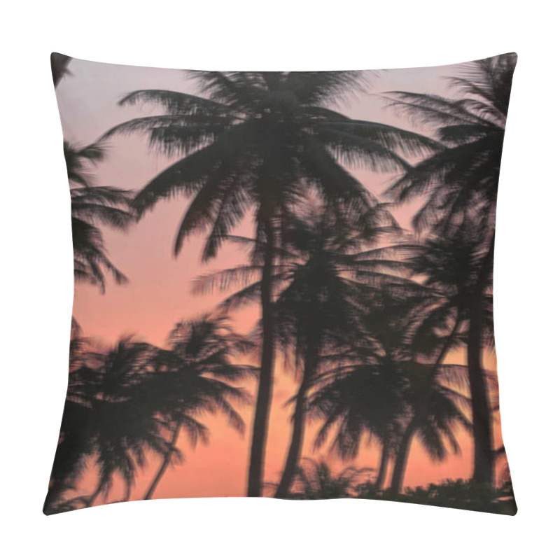 Personality  Blurred Background, Sunset By The Coconut Tree On The Seashore. Defocused Photo With Red Sunrise. Pillow Covers