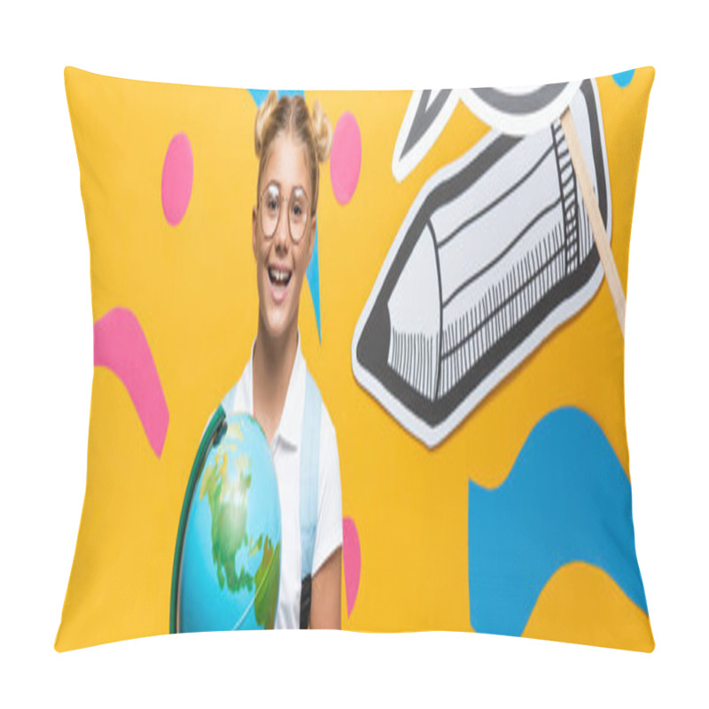 Personality  Horizontal Image Of Schoolkid With Globe Looking At Camera Near Paper Craft On Yellow Background Pillow Covers