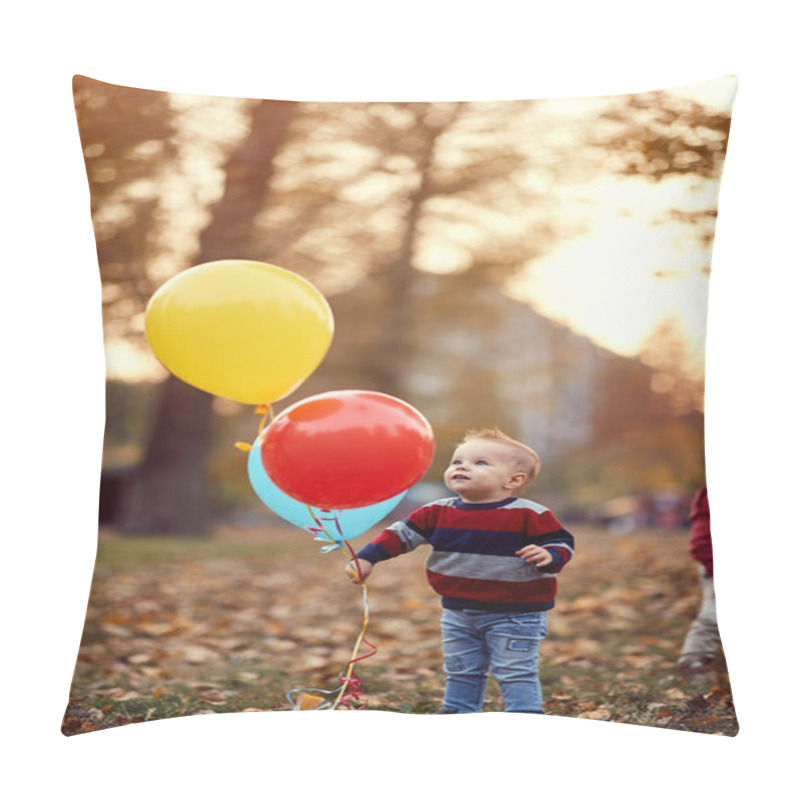 Personality  Little Boy. Happy Childhood. Boy With A Bunch Of Balloons In Their Hands In Yellow Autumn Park. Family Pillow Covers