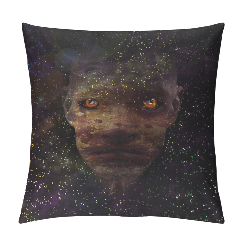 Personality  Surrealism. Face And Cosmos. The Strange Face Of A Mutant, Monster, Alien. Concentration Of A Pandemic, Fear, Horror. Halloween And Horror Concept. Pillow Covers