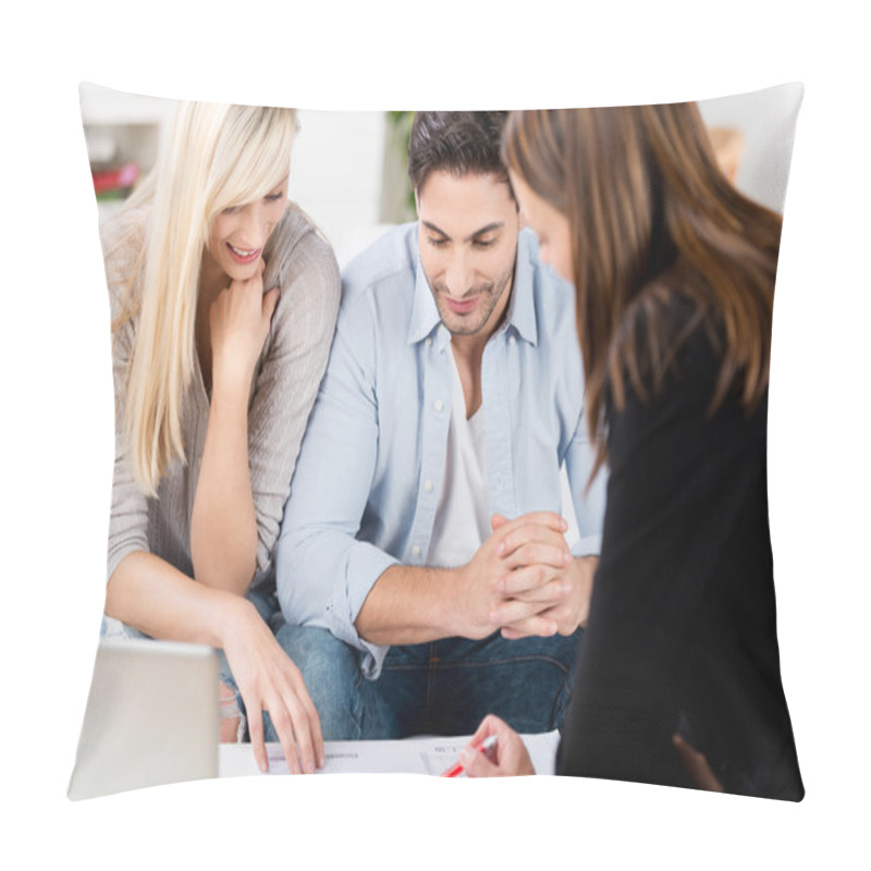 Personality  Financial Advisor Explaining Document To Couple At Table Pillow Covers